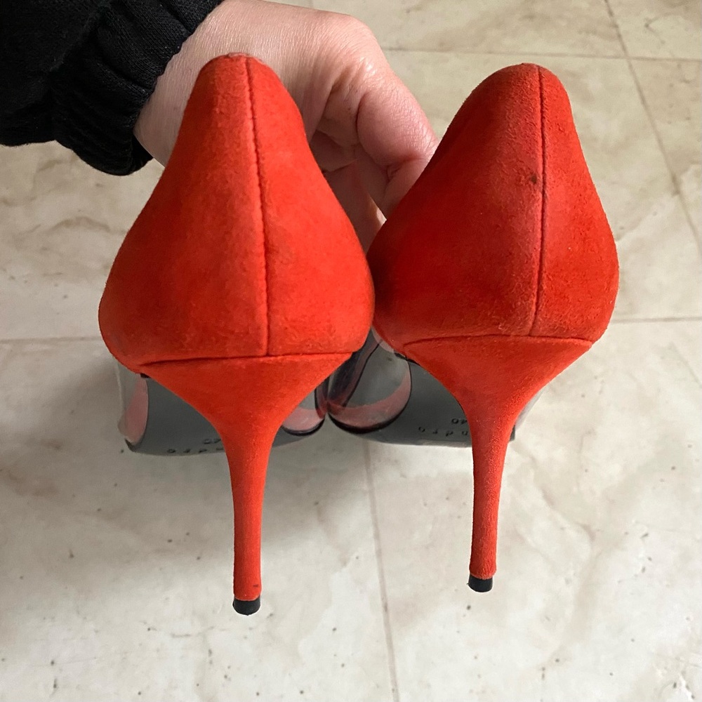 $340 Sandro Orange Suede Clear Vinyl Pointed Toe Pumps Heels Size 9.5/40 - Picture 12 of 14